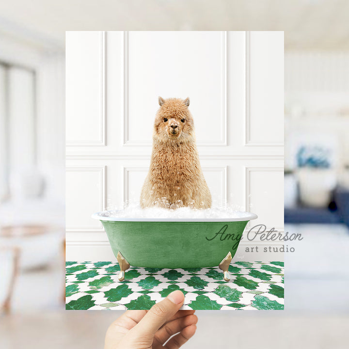 a hand holding a card with a dog in a bathtub