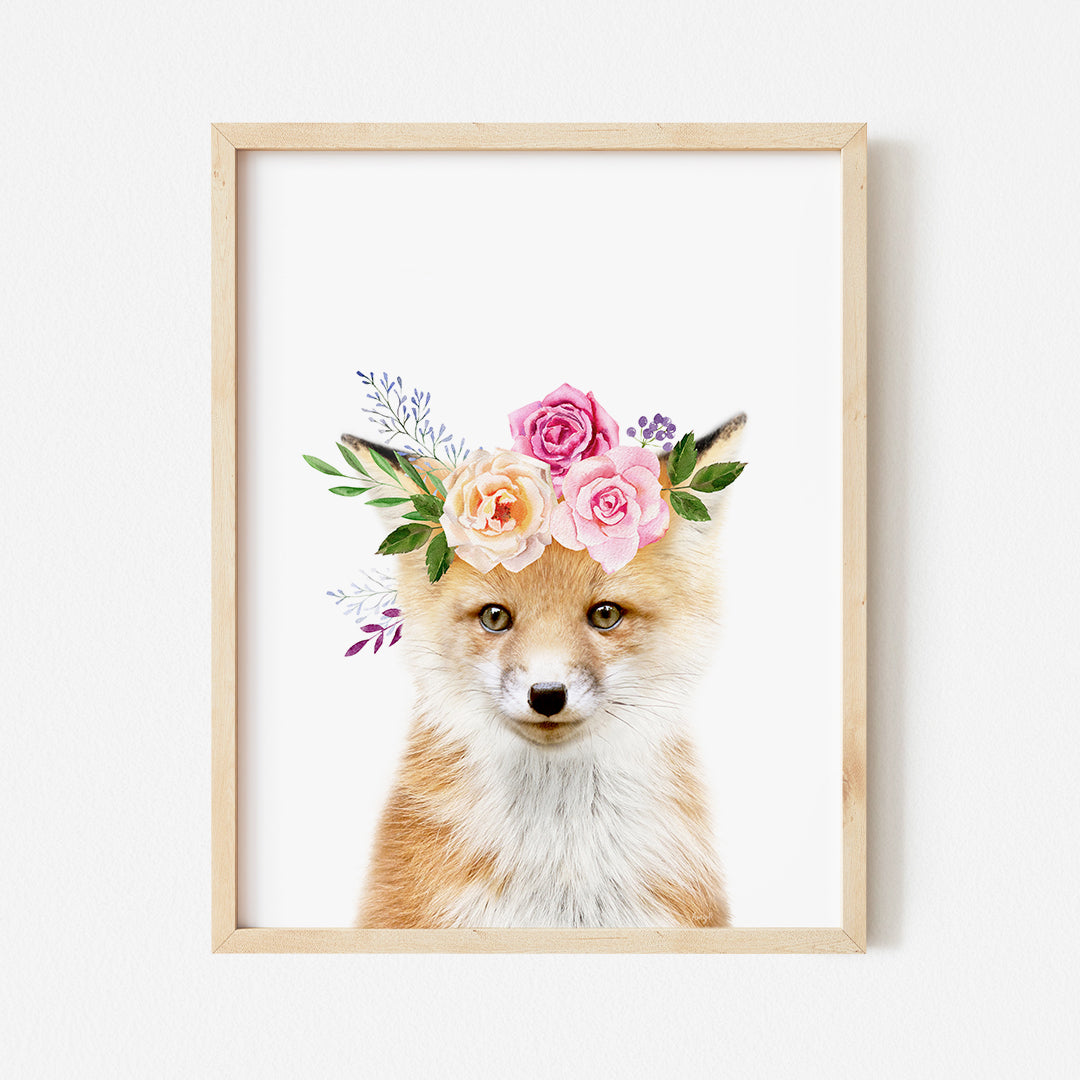 a picture of a fox with flowers on its head