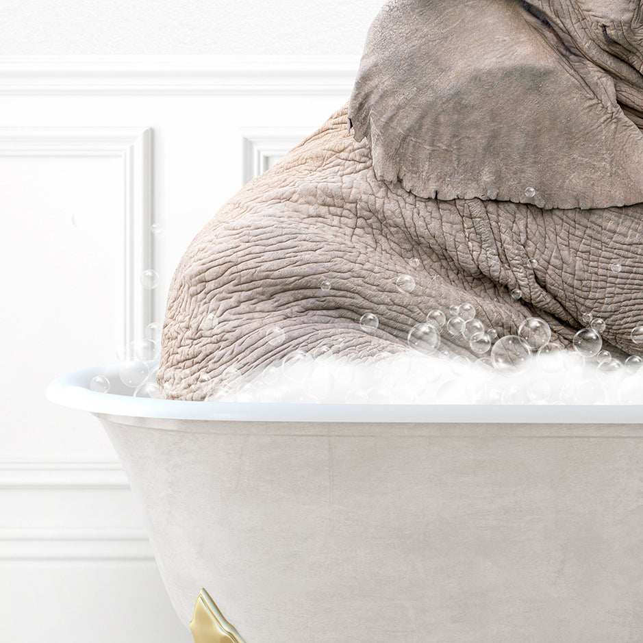 an elephant is taking a bath in a bathtub