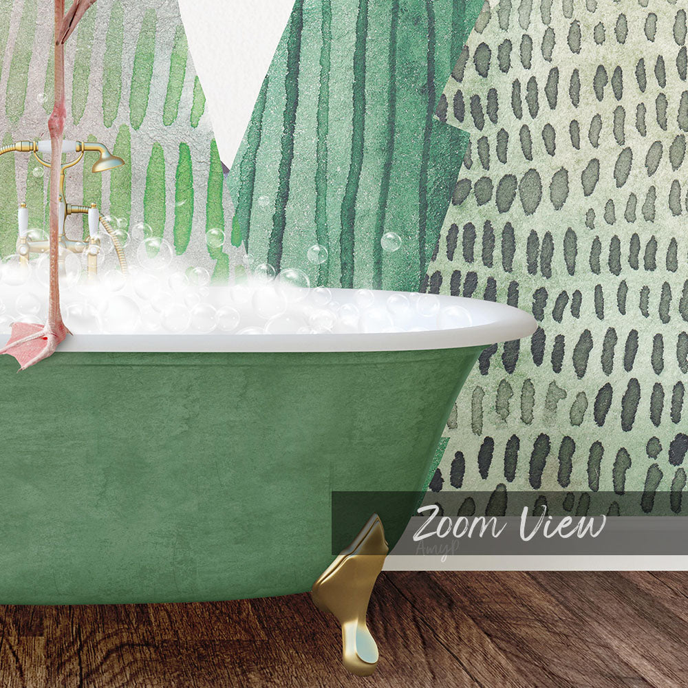 A green clawfoot bathtub filled with water, with a patterned wall behind it.