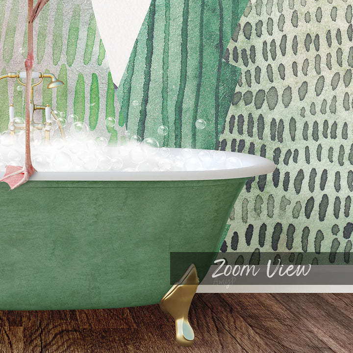 A green clawfoot bathtub filled with water, with a patterned wall behind it.