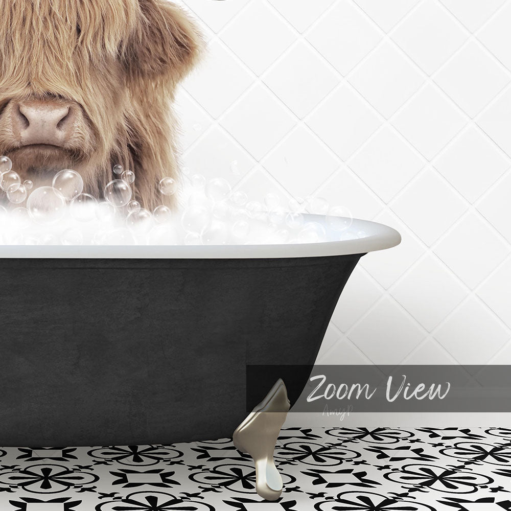 A close-up of a cow's head peeking out of a bathtub filled with bubbles, with a text overlay that reads "Zoom View" in the bottom right corner.