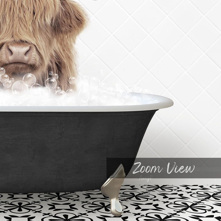 A close-up of a cow's head peeking out of a bathtub filled with bubbles, with a text overlay that reads "Zoom View" in the bottom right corner.