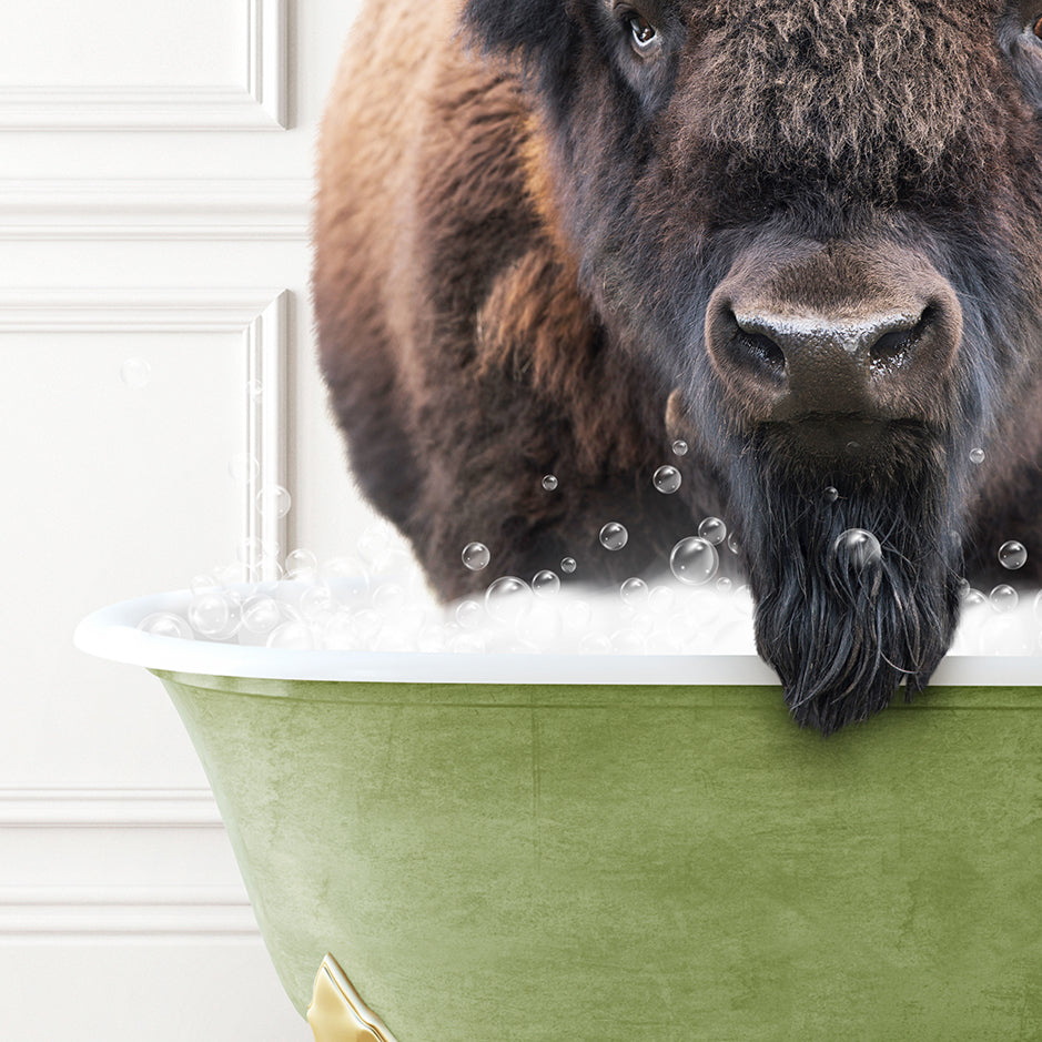 a large buffalo standing in a bath tub