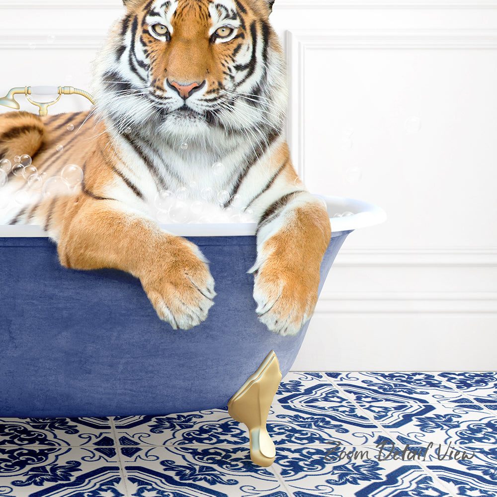 A tiger resting in a blue bathtub, surrounded by a patterned tile floor.