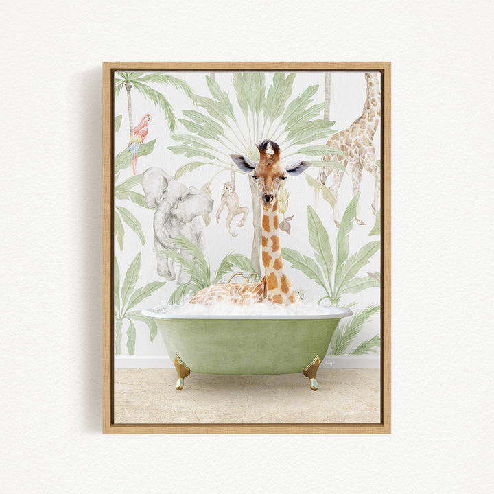 A giraffe is sitting in a green bathtub, surrounded by various animals such as elephants, monkeys, and palm trees, all set against a tropical wallpaper background.
