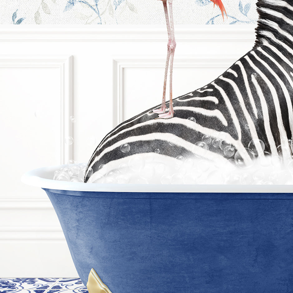 a zebra in a bathtub with a bird on top of it