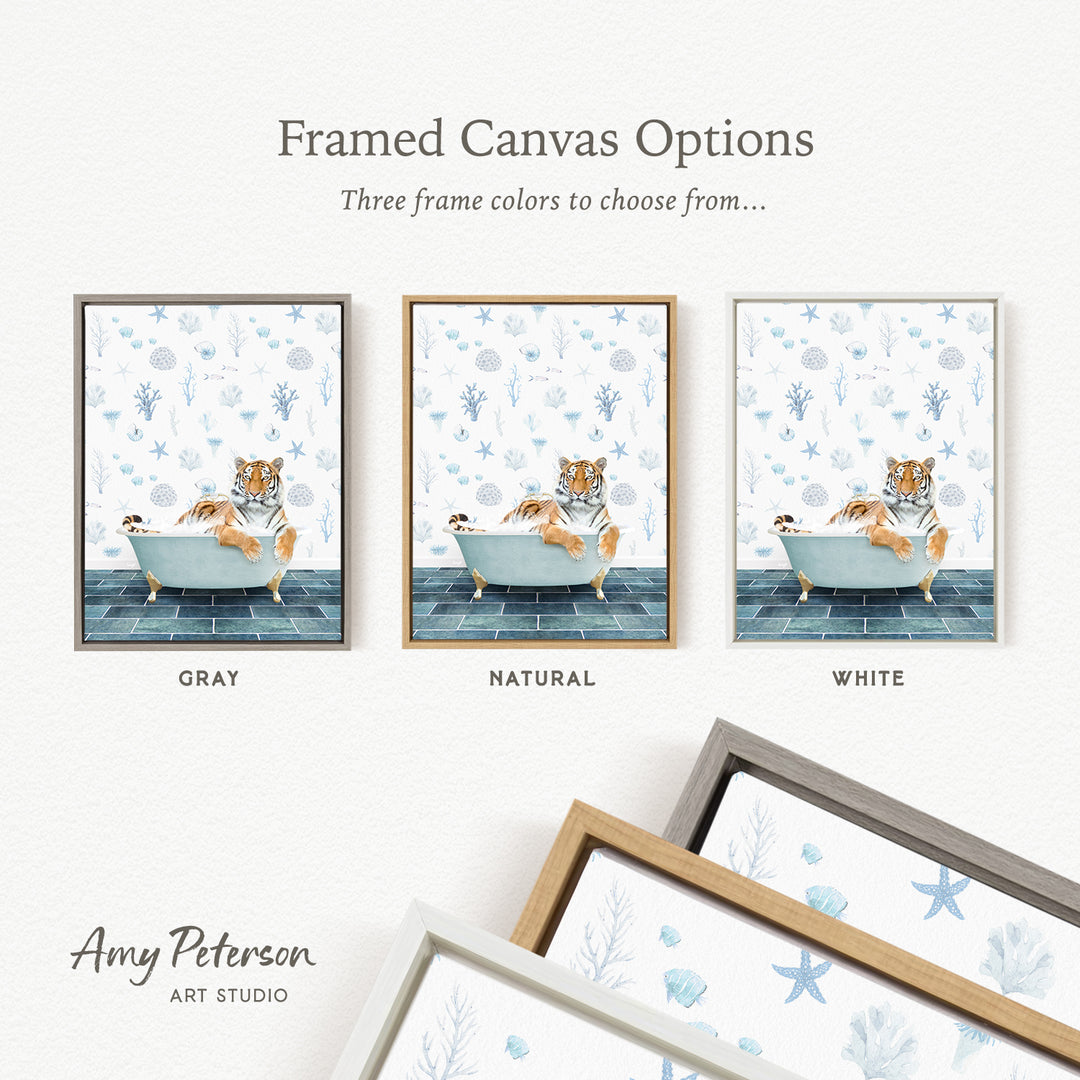 three framed canvas options featuring a tiger relaxing in a bathtub, with each option having a different frame color: gray, natural, and white.