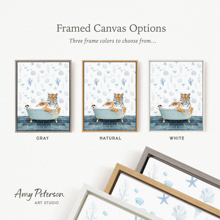 three framed canvas options featuring a tiger relaxing in a bathtub, with each option having a different frame color: gray, natural, and white.