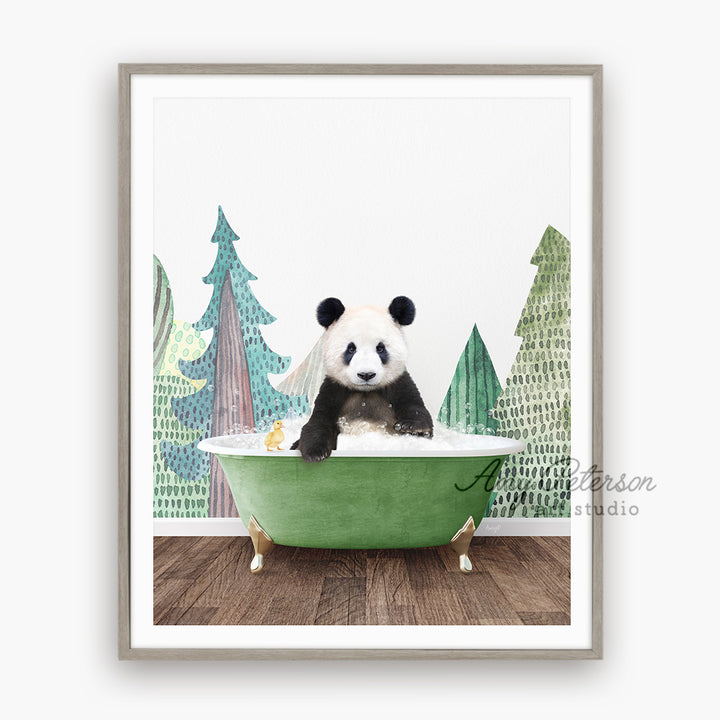 a panda bear sitting in a green bath tub