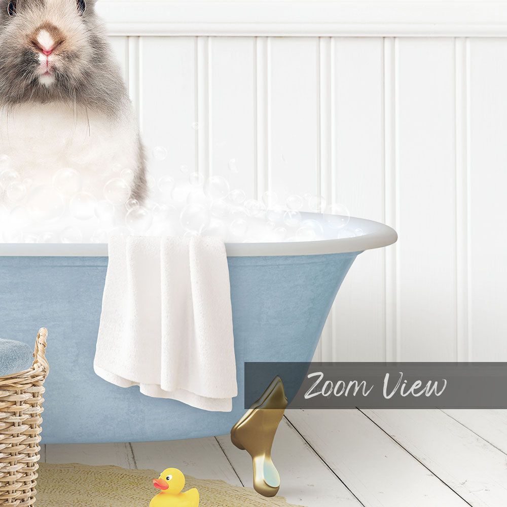 A fluffy gray and white rabbit sitting in a blue bathtub filled with bubbles, with a yellow rubber duck nearby.
