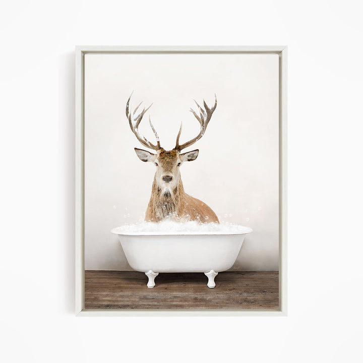 A deer with large antlers is sitting in a white bathtub filled with water, creating a whimsical and unexpected scene.