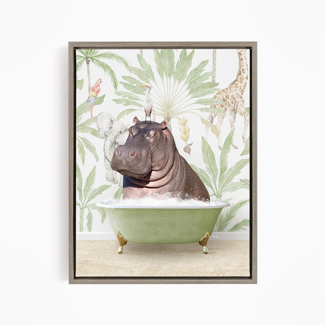 A hippopotamus sitting in a green bathtub surrounded by tropical plants and animals, including a parrot and a giraffe.