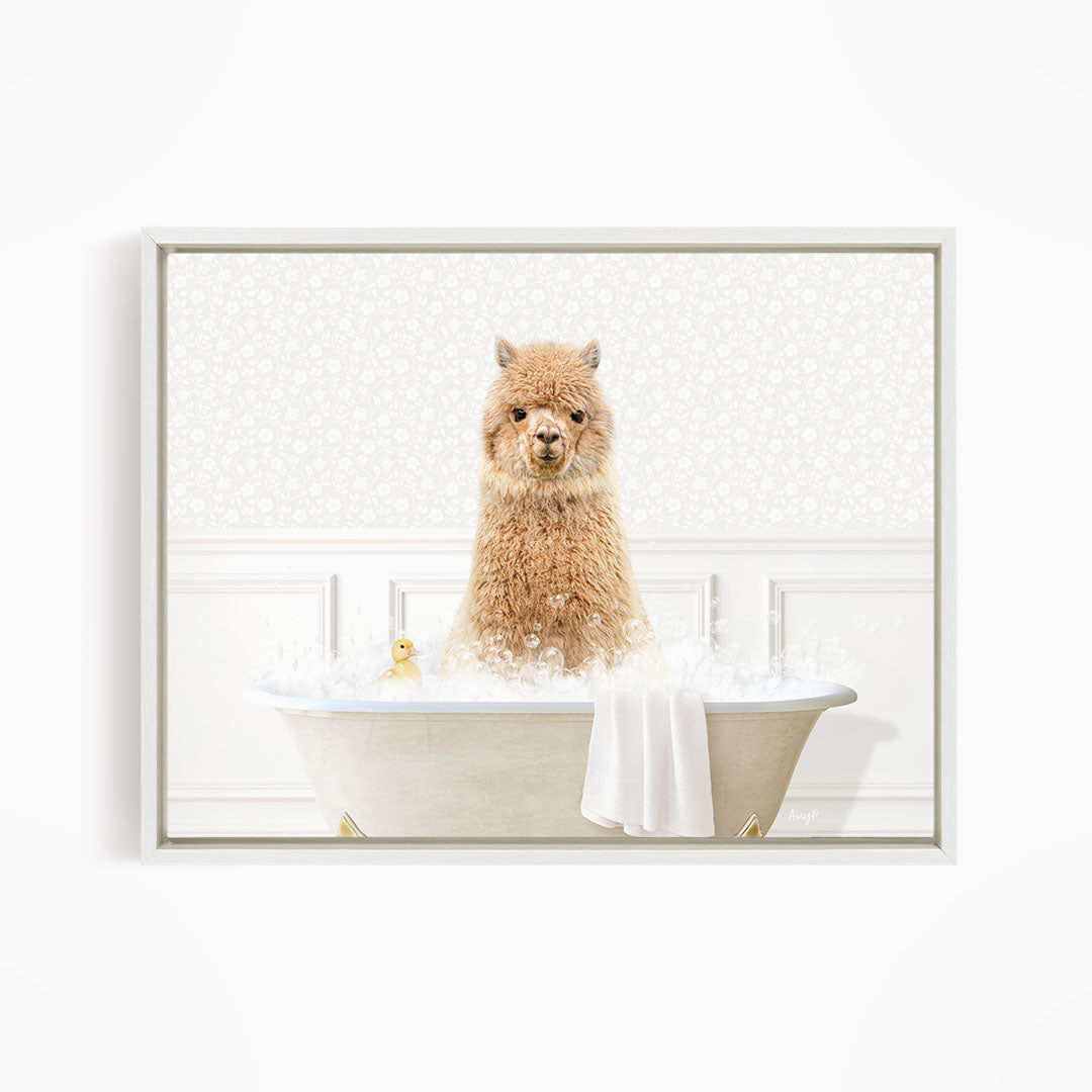 A fluffy brown alpaca sitting in a white bathtub filled with bubbles, surrounded by a white floral patterned wall.