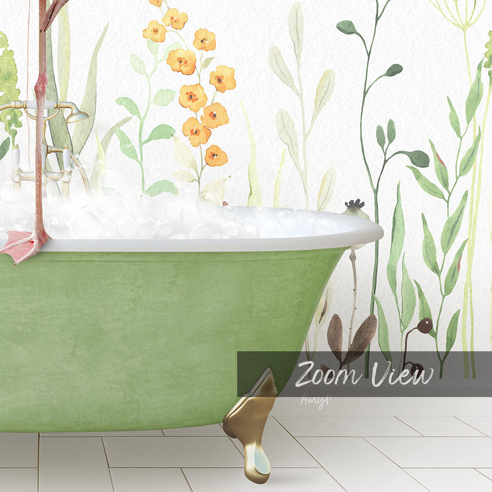 A green clawfoot bathtub filled with water, surrounded by a floral wallpaper design.