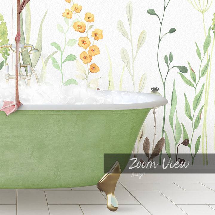A green clawfoot bathtub filled with water, surrounded by a floral wallpaper design.