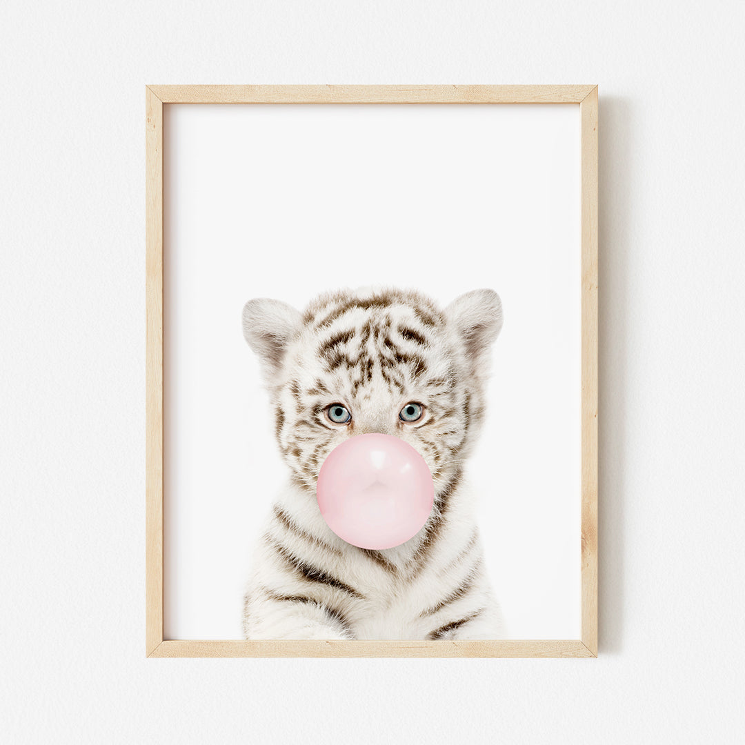 a picture of a white tiger with a bubble gum