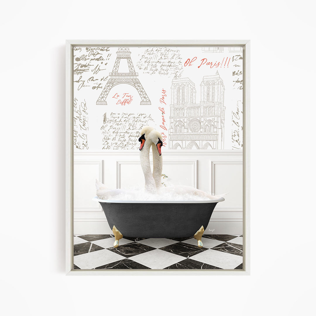 A pair of swans sitting in a bathtub, with a Paris-themed background featuring the Eiffel Tower and other Parisian landmarks.