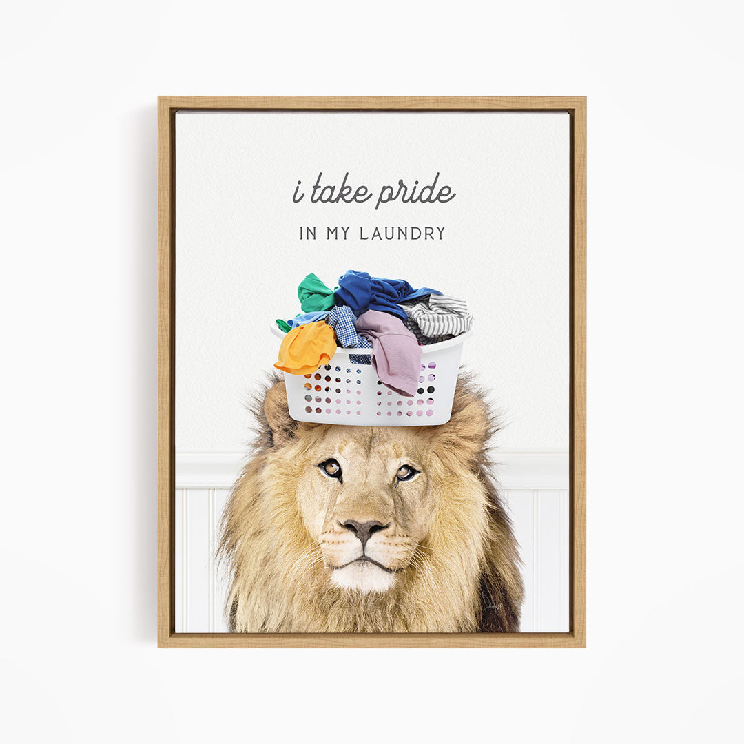 A lion wearing a basket of laundry on its head, with the text "I take pride in my laundry" above the image.