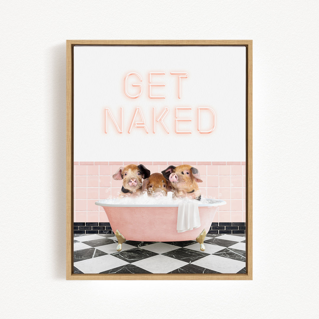 three adorable pigs sitting in a pink bathtub, with the text "GET NAKED" displayed above them.