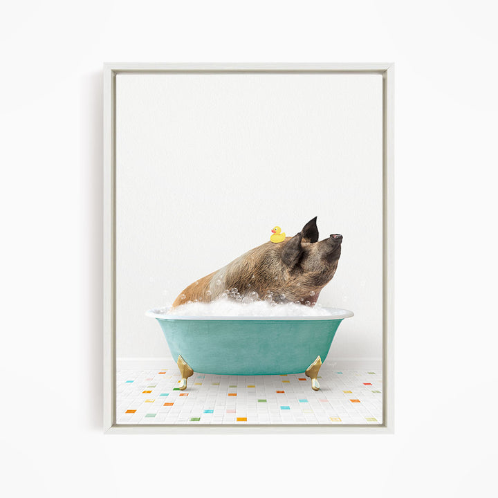 A dog is sitting in a blue bathtub filled with bubbles, with a rubber duck floating on the water.