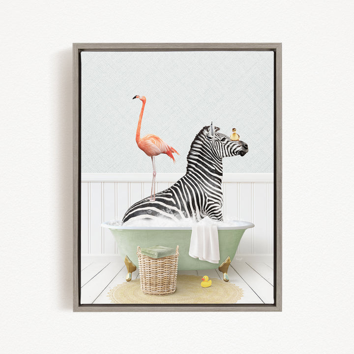 A zebra is sitting in a bathtub, surrounded by a pink flamingo and a yellow rubber duck, creating a whimsical and playful scene.