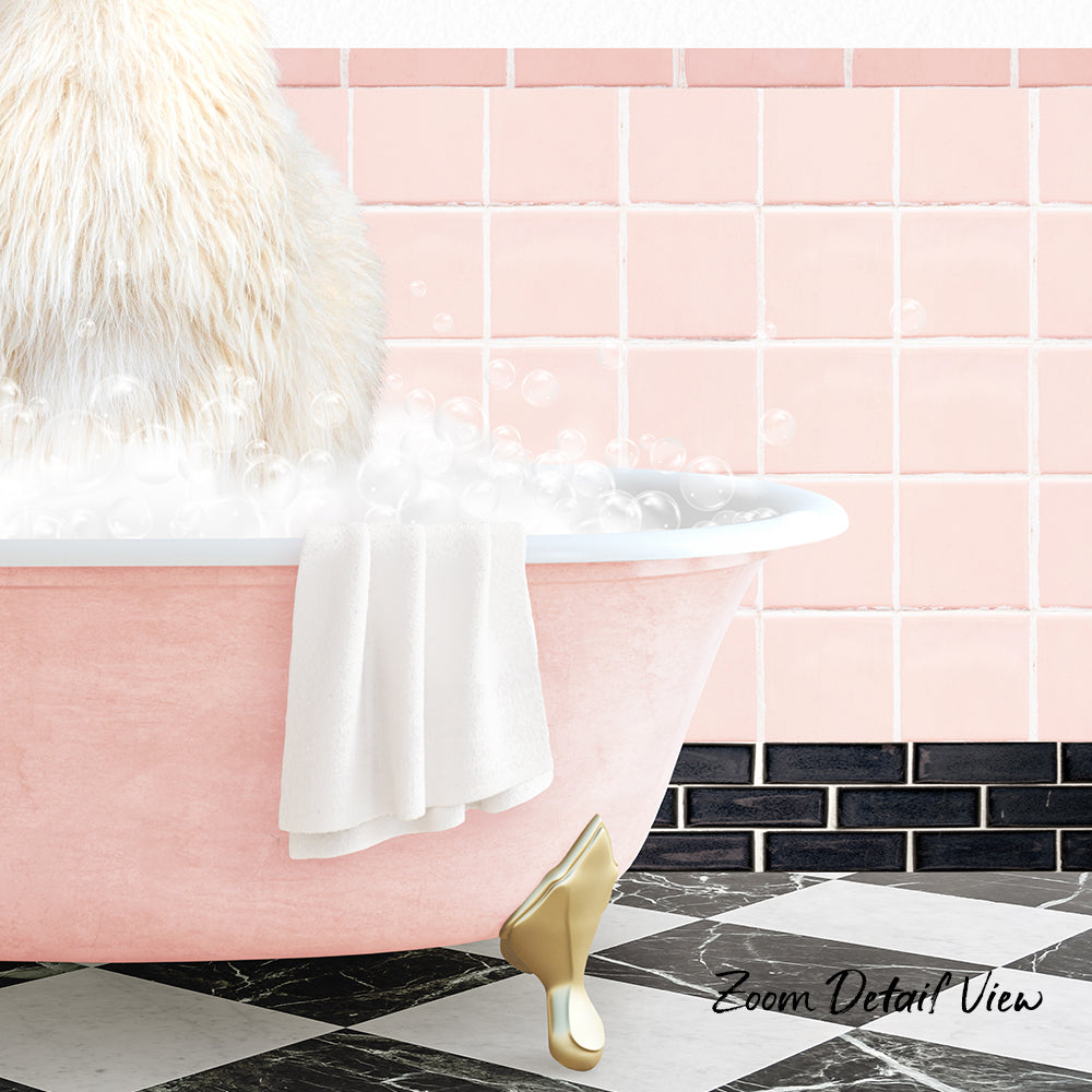 A fluffy white cat is sitting in a pink bathtub filled with bubbles, with a white towel hanging on the side and a pink tile wall behind the bathtub.