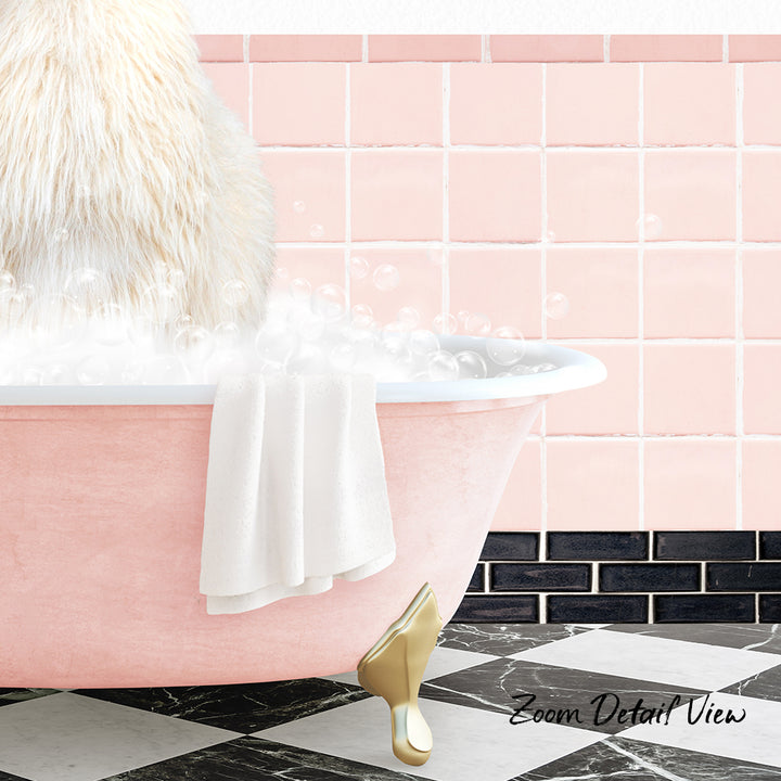 A fluffy white cat is sitting in a pink bathtub filled with bubbles, with a white towel hanging on the side and a pink tile wall behind the bathtub.