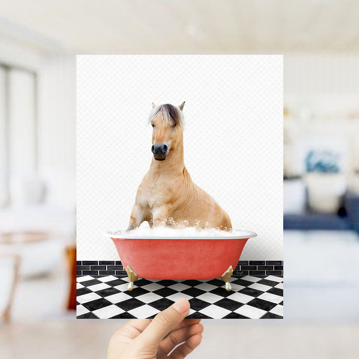 A horse sitting in a red bathtub filled with water, surrounded by a black and white checkered floor.