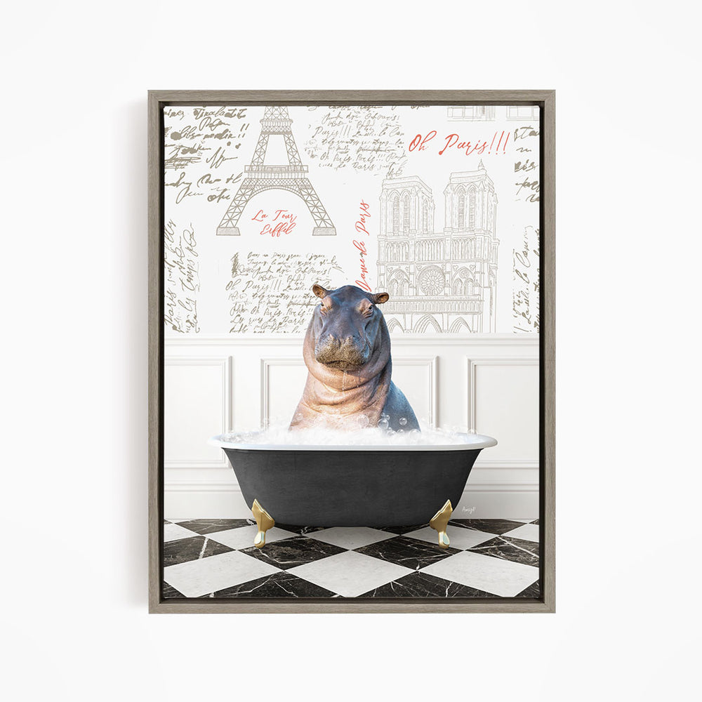 A framed image depicting a hippopotamus sitting in a bathtub, surrounded by various architectural elements and text.