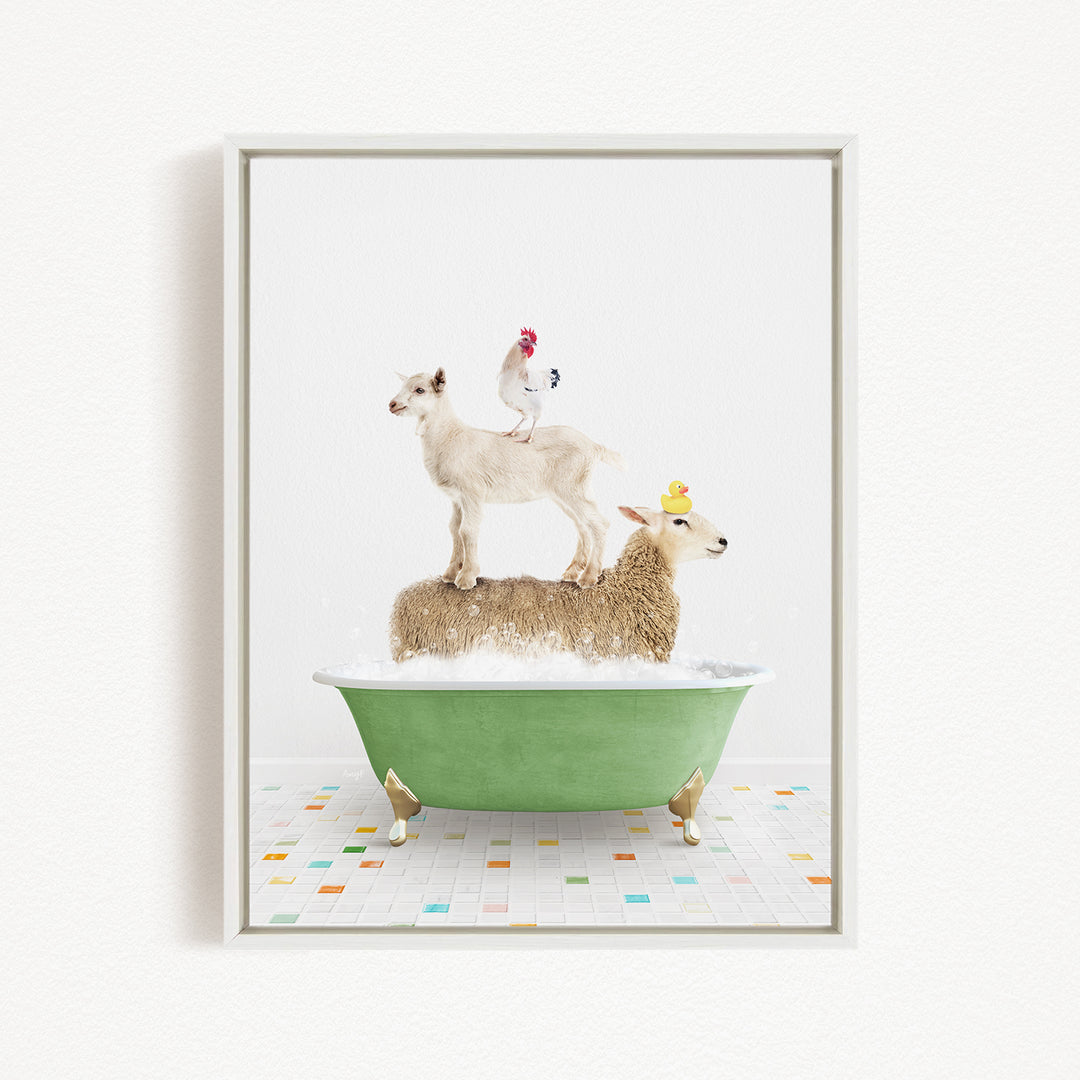 A sheep standing on a tub filled with water, with a chicken perched on top of it, and a lamb sitting on the edge of the tub.