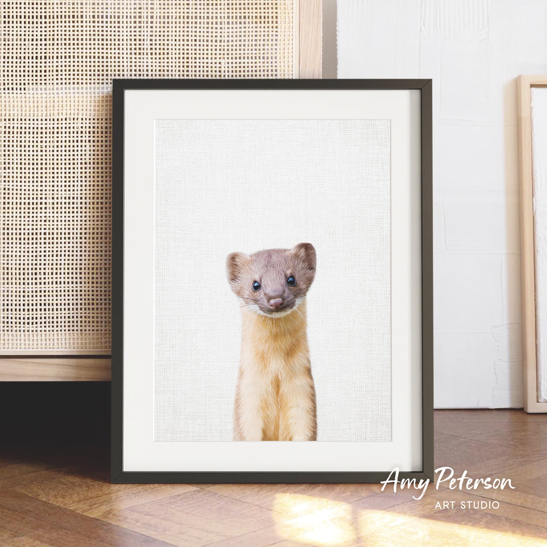 A framed photograph of a curious-looking animal, possibly a small rodent or rodent, is displayed on a wooden floor in front of a woven basket.