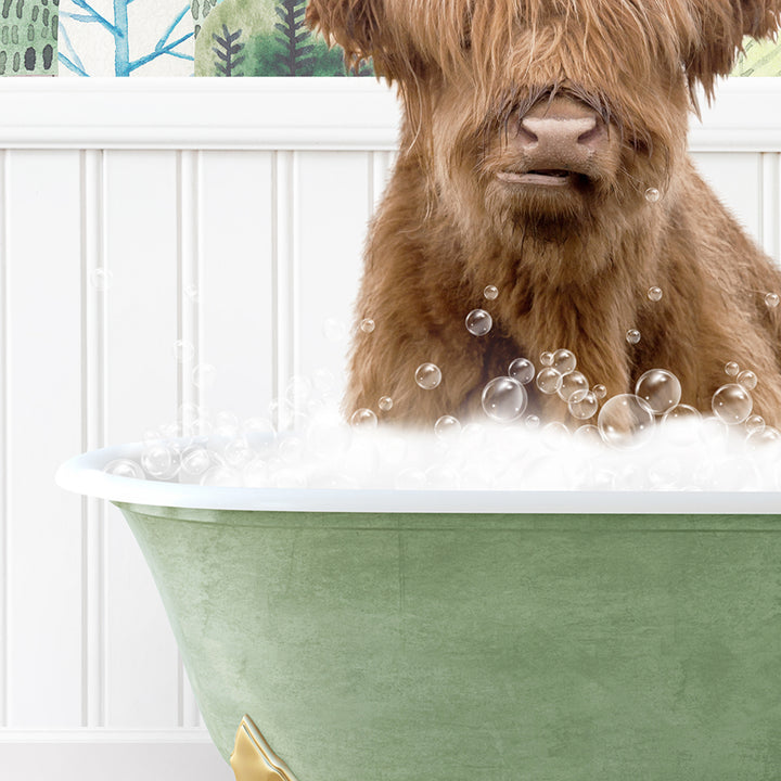 a shaggy dog sitting in a bathtub filled with bubbles