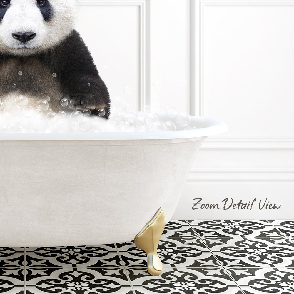 A panda sitting in a white bathtub filled with bubbles, with a black and white patterned floor in the background.