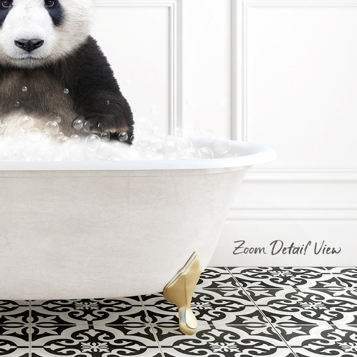 A panda sitting in a white bathtub filled with bubbles, with a black and white patterned floor in the background.