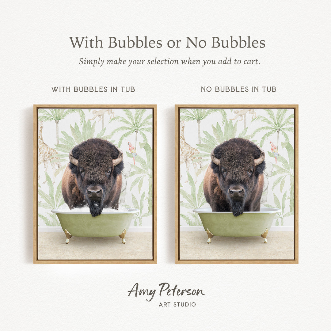 The image is a collage of two framed pictures, each depicting a buffalo in a tub. The buffalo in the tub has bubbles, while the buffalo in the tub does not have bubbles. The text above the images reads "With Bubbles or No Bubbles Simply make your selection when you add to cart."
