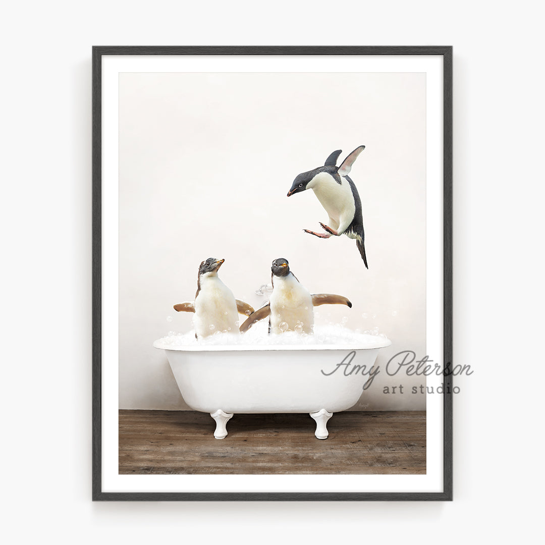 a group of penguins in a bathtub with bubbles