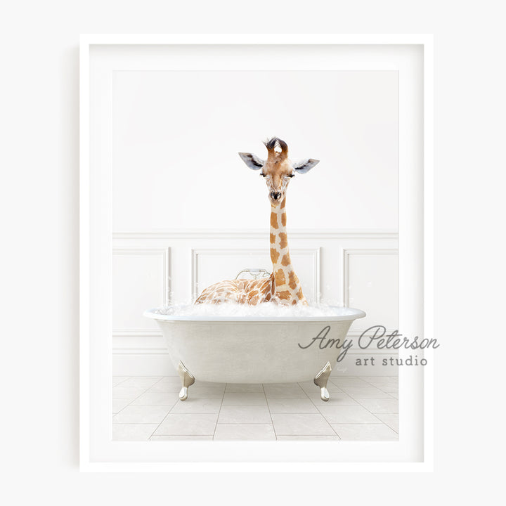 a baby giraffe is sitting in a bathtub