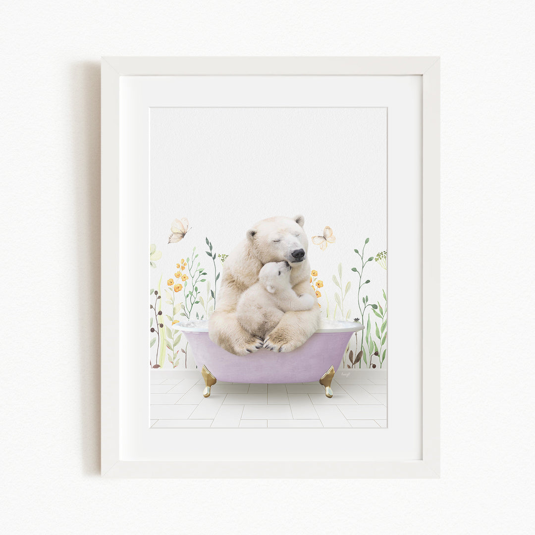 A white polar bear is sitting in a purple bathtub, surrounded by flowers and butterflies, creating a whimsical and serene scene.