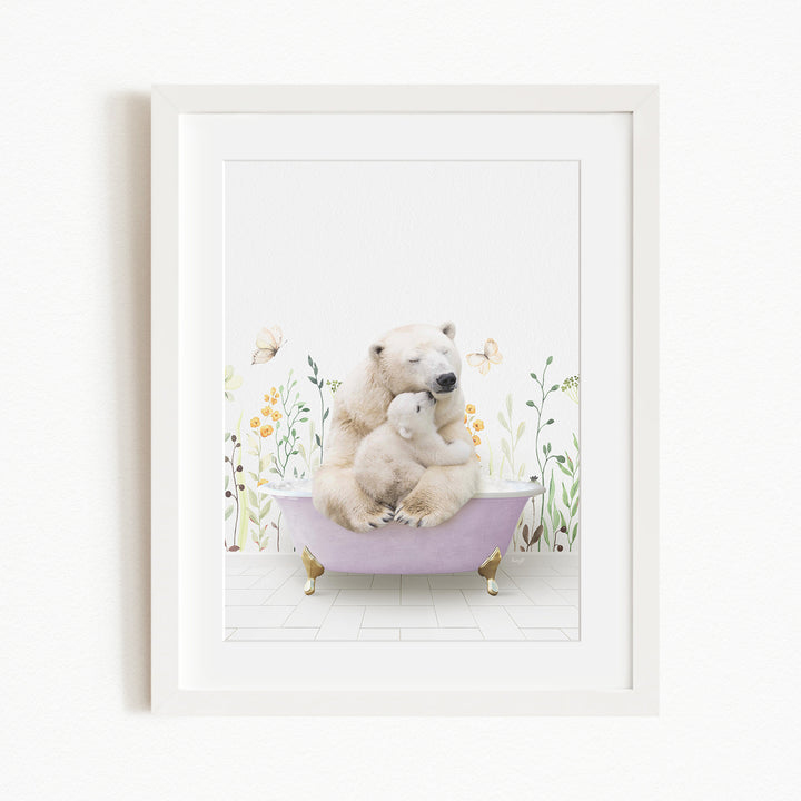 A white polar bear is sitting in a purple bathtub, surrounded by flowers and butterflies, creating a whimsical and serene scene.