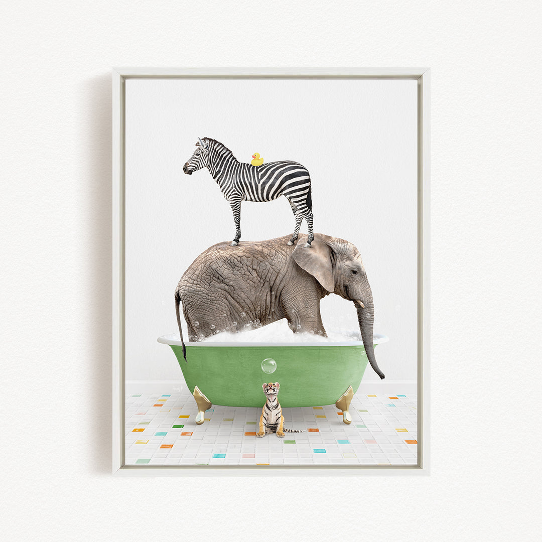 A zebra stands on the back of an elephant, which is submerged in a green bathtub, while a tiger sits nearby.