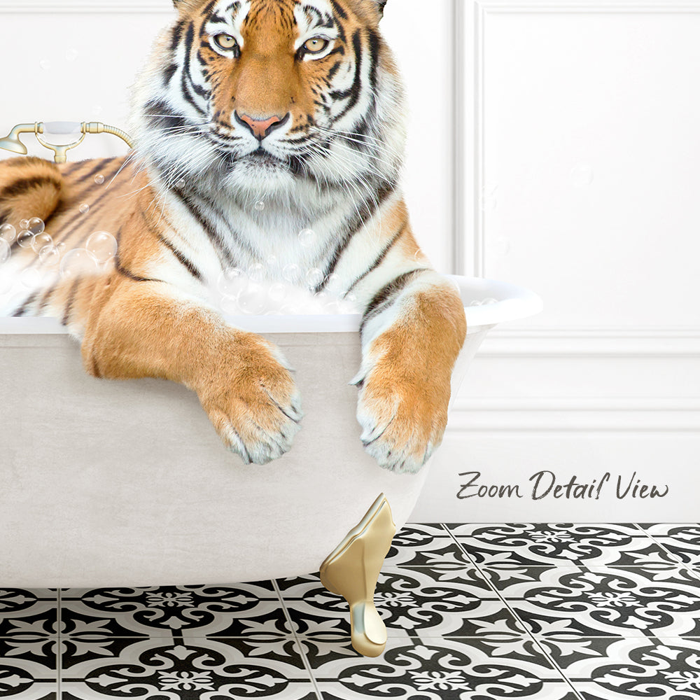A tiger resting in a bathtub, surrounded by a black and white patterned floor.