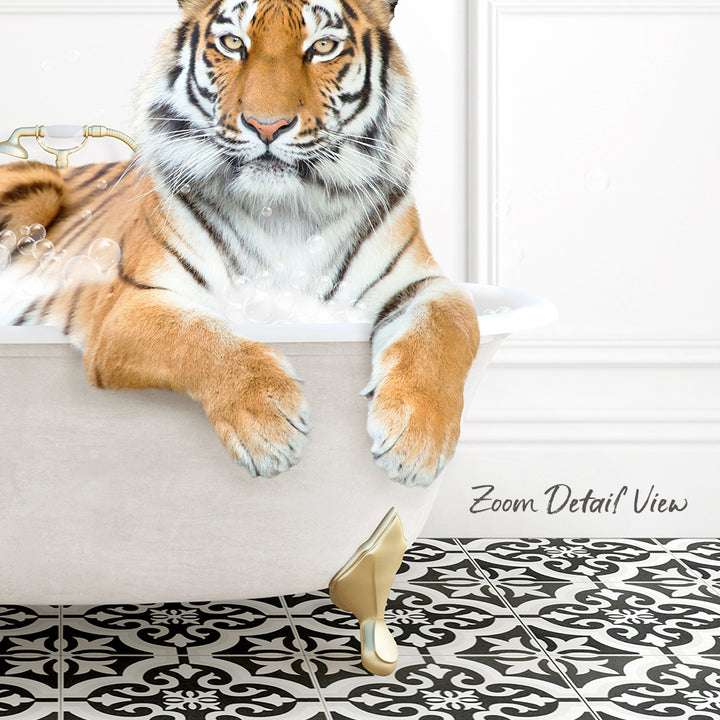 A tiger resting in a bathtub, surrounded by a black and white patterned floor.