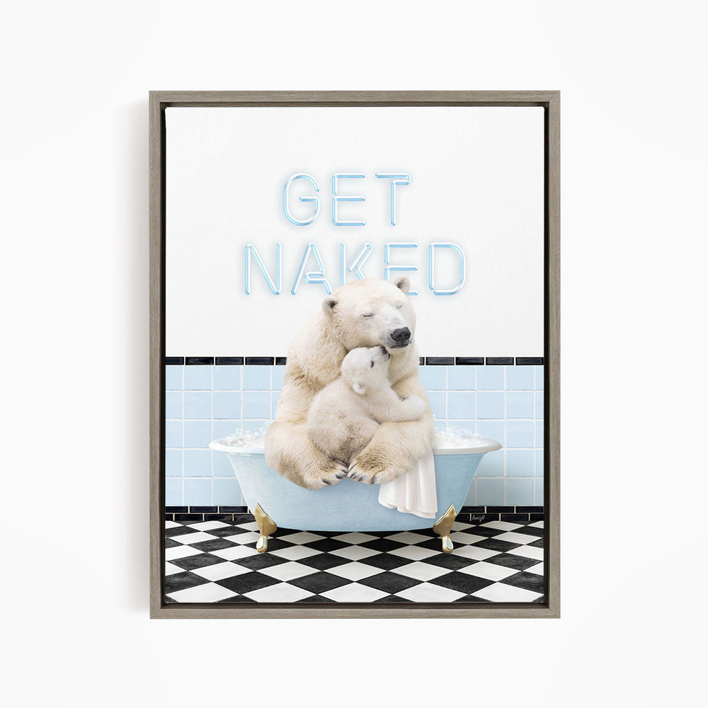 A polar bear sitting in a bathtub with a towel wrapped around it, with the text "GET NAKED" displayed above the bear.
