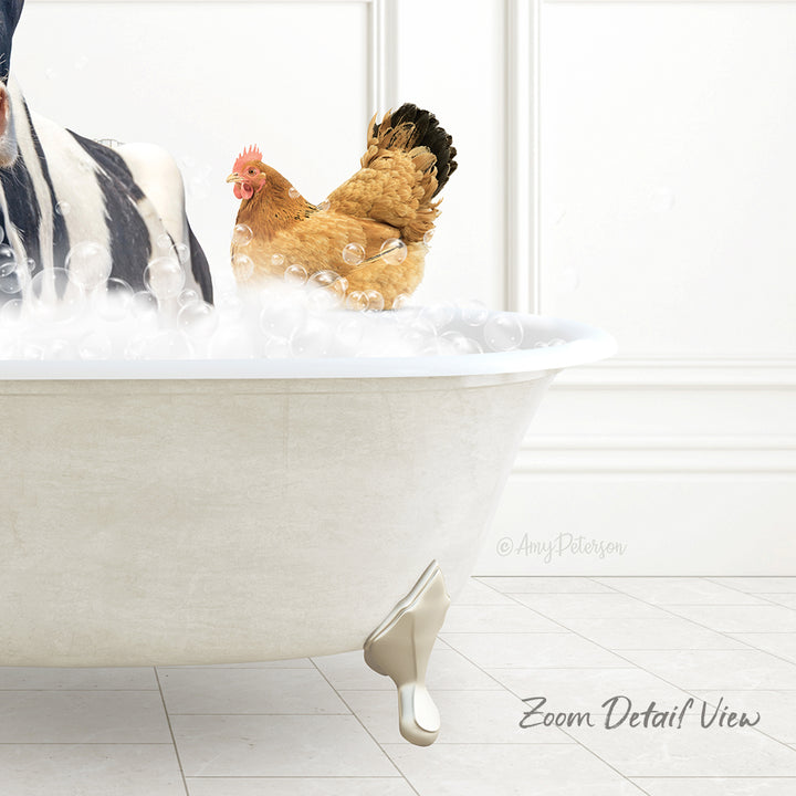 A white bathtub filled with bubbles, with a brown chicken sitting inside and a black and white zebra standing next to it.
