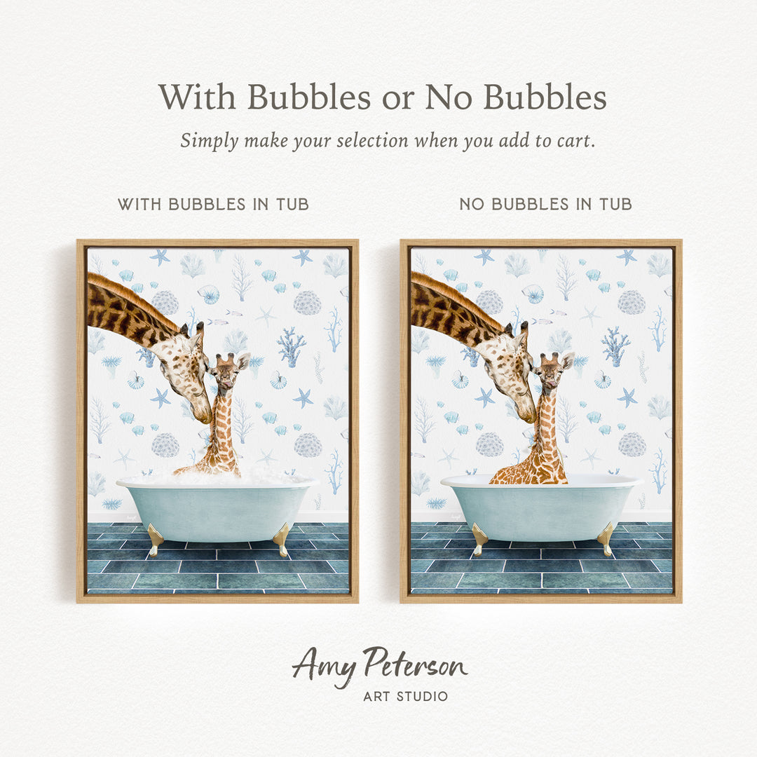 The image is a collage of two framed pictures depicting giraffes in bathtubs. The text above the collage reads "With Bubbles or No Bubbles" and below it, "Simply make your selection when you add to cart." The text on the left side of the collage says "WITH BUBBLES IN TUB" and the text on the right side says "NO BUBBLES IN TUB."
