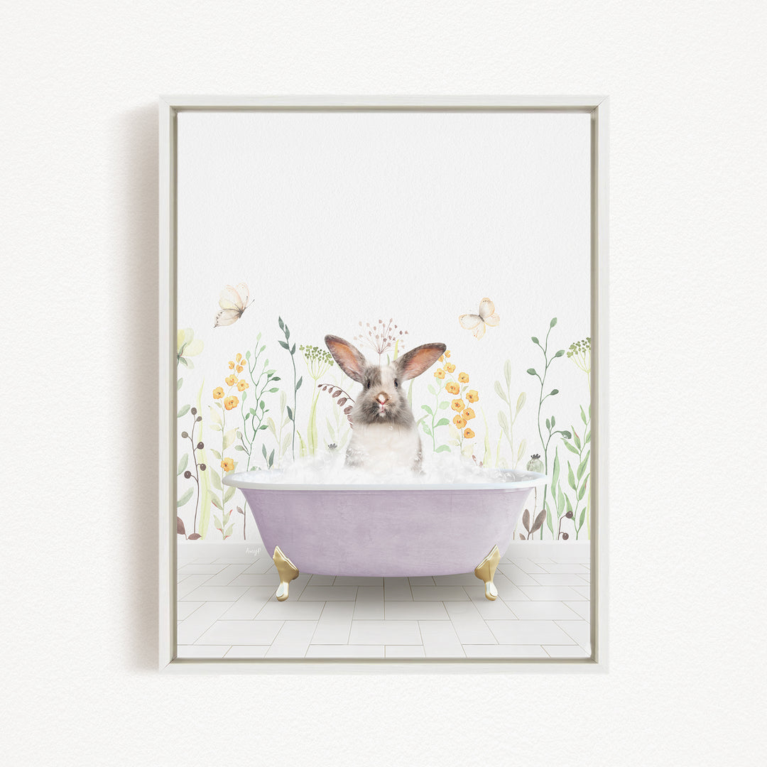 A cute rabbit sitting in a purple bathtub filled with bubbles, surrounded by flowers and butterflies.