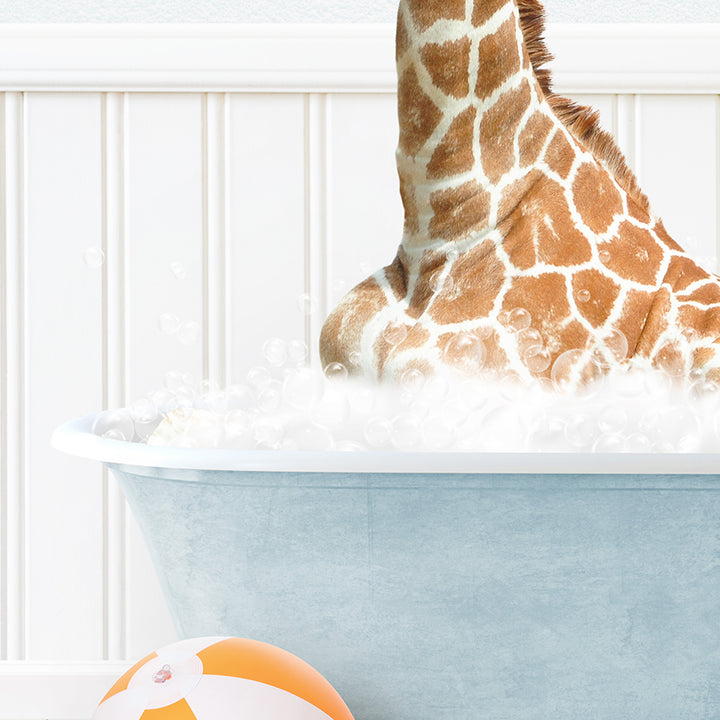 a giraffe sticking its head out of a bathtub