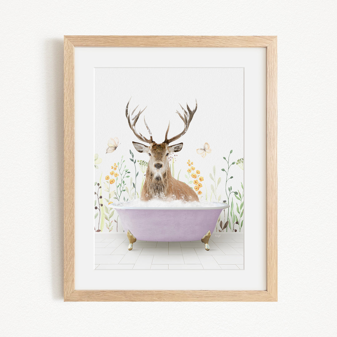 A deer with antlers is sitting in a purple bathtub, surrounded by flowers and butterflies.