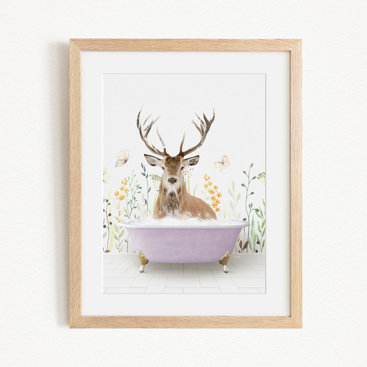 A deer with antlers is sitting in a purple bathtub, surrounded by flowers and butterflies.